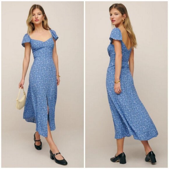 💕REFORMATION💕 Baxley Dress ~ Sweetheart Neckline Eve Blue Floral Print 10 NWT - Picture 6 of 16
